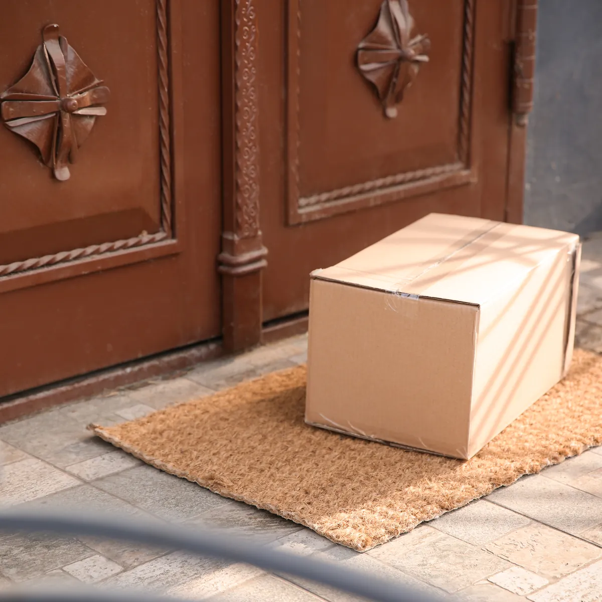 A delivered cardboard package on a doormat outside a brown front door