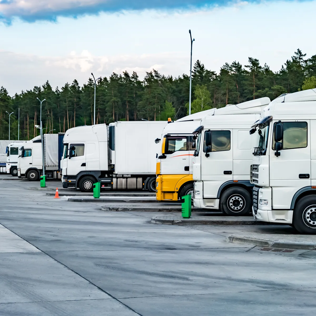 A row of freight trucks parked at a depot